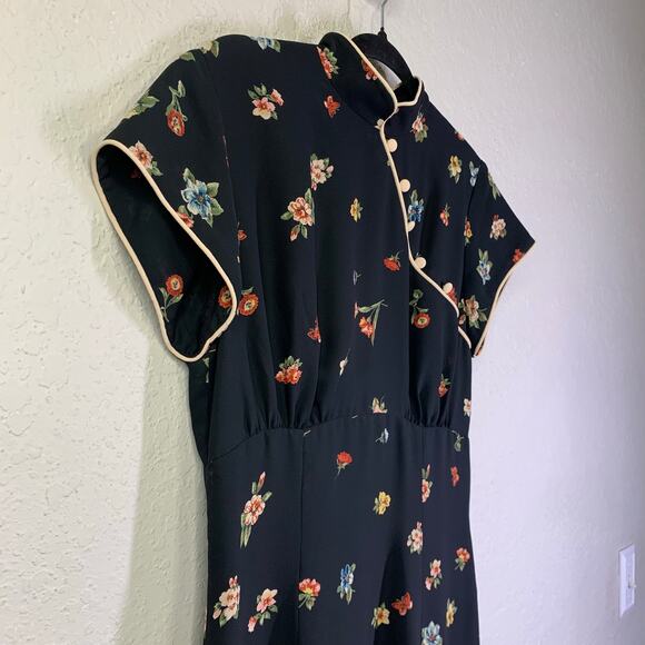 DW3 DAVID WARREN Dress‎ 8 Vintage Mandarin Floral Back Slit Cream Piping Lined - Picture 8 of 14